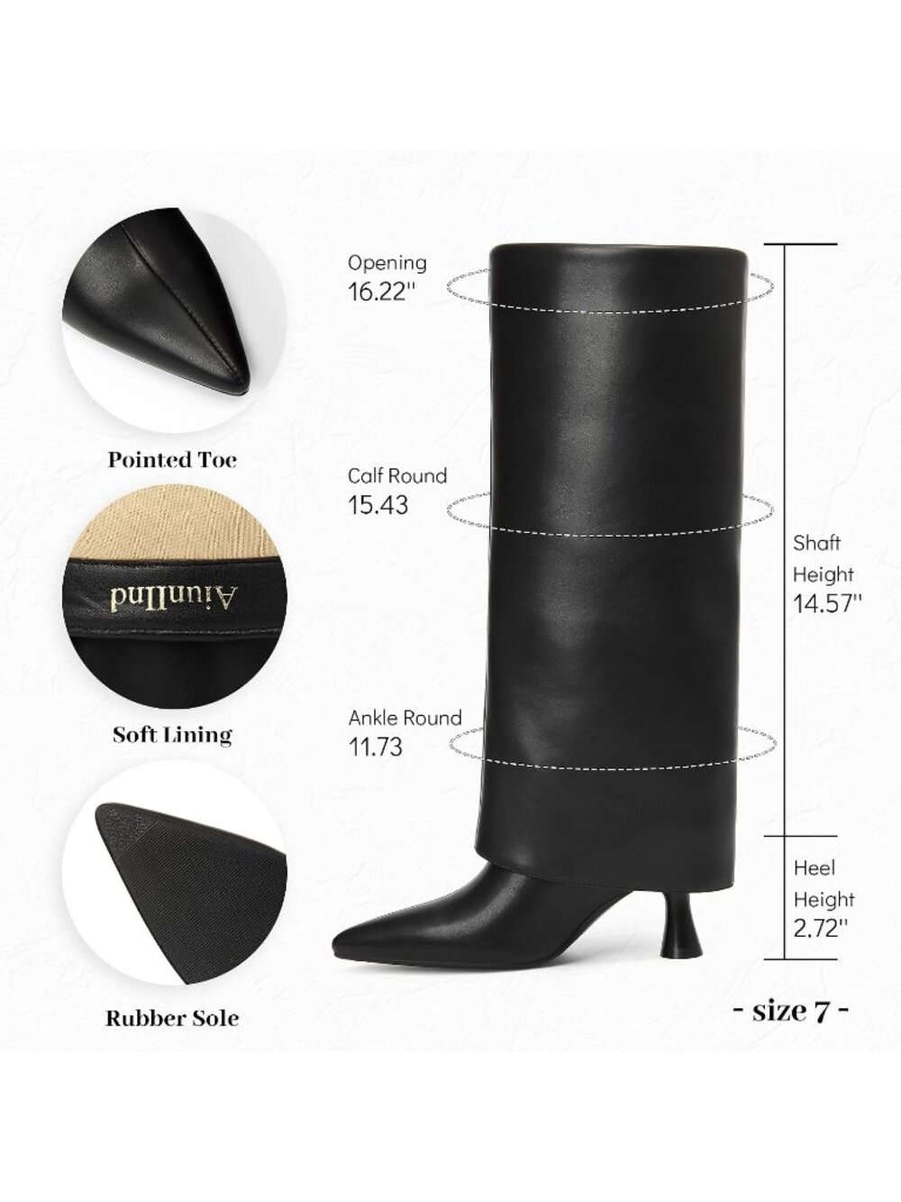 Women's Black Comfortable 2.7 inch Low Kitten Heel Pointed Toe Knee High Boots - Picture 4 of 6